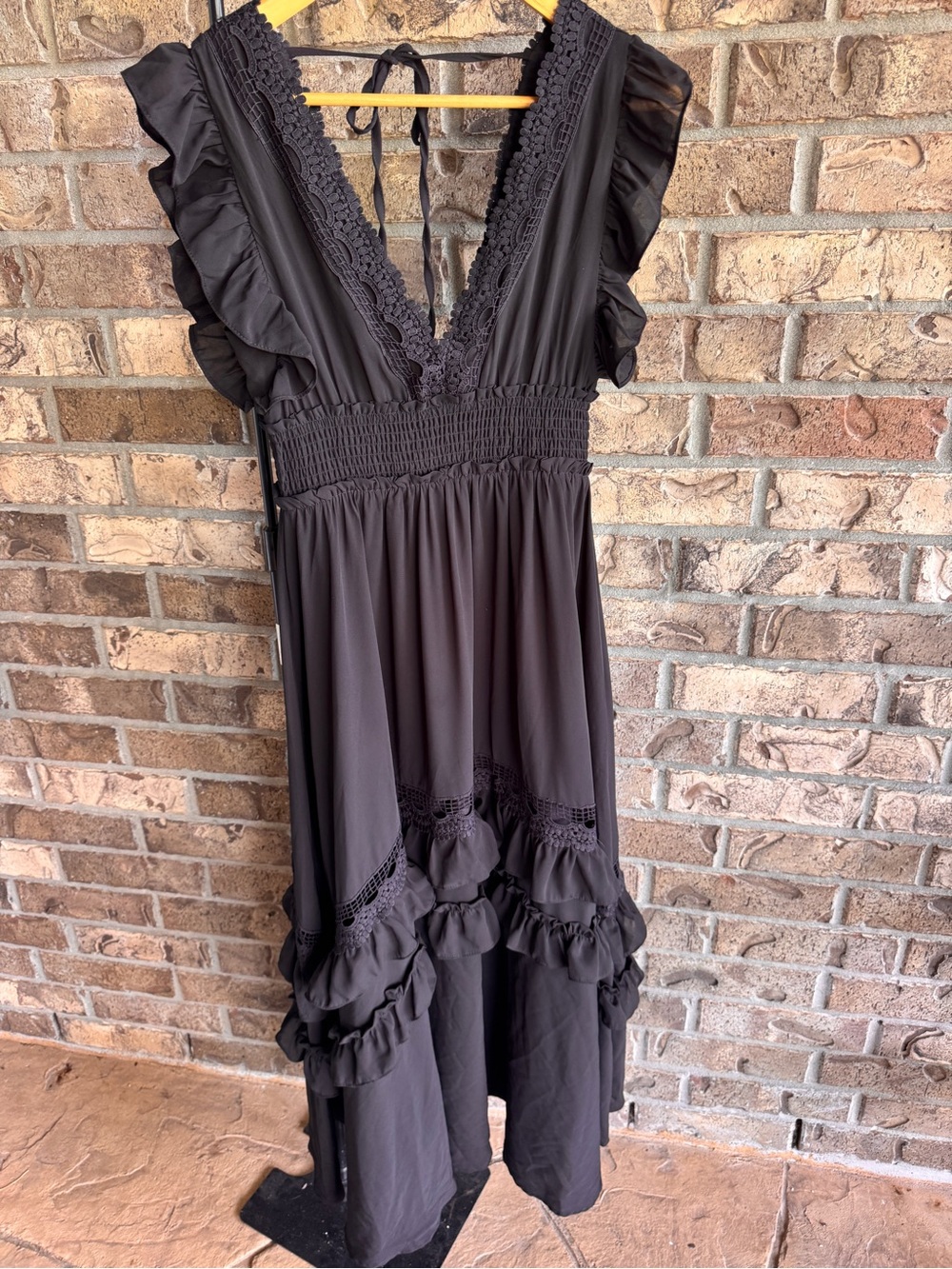 Baltic Born Jasmine Ruffle Maxi Dress Black Lace Trim Smocked Flutter Sleeve M - Picture 7 of 16